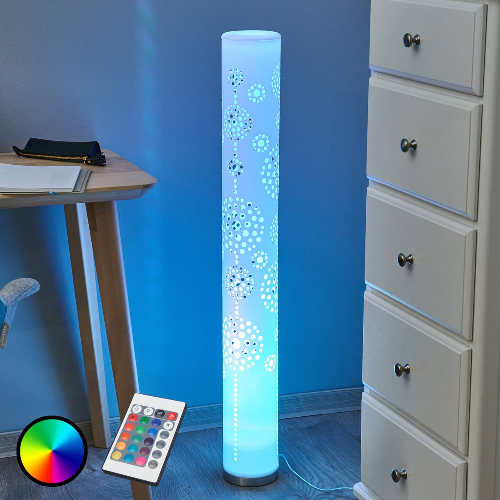 Koristava LED-lattialamppu Mirella, RGB-kauko-ohj.