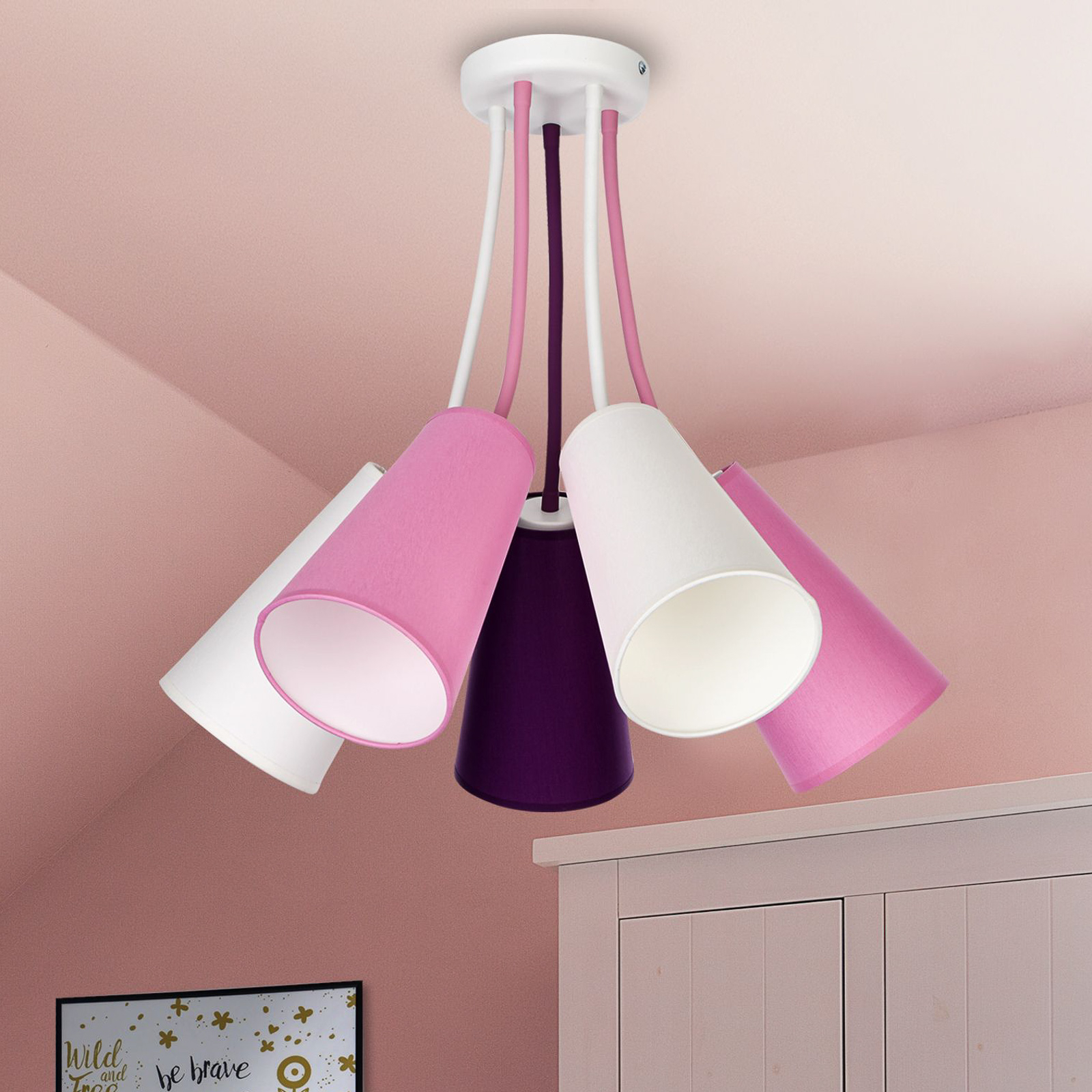 Kattovalo Wire Kids 5-lamp., valk./pinkki/violetti