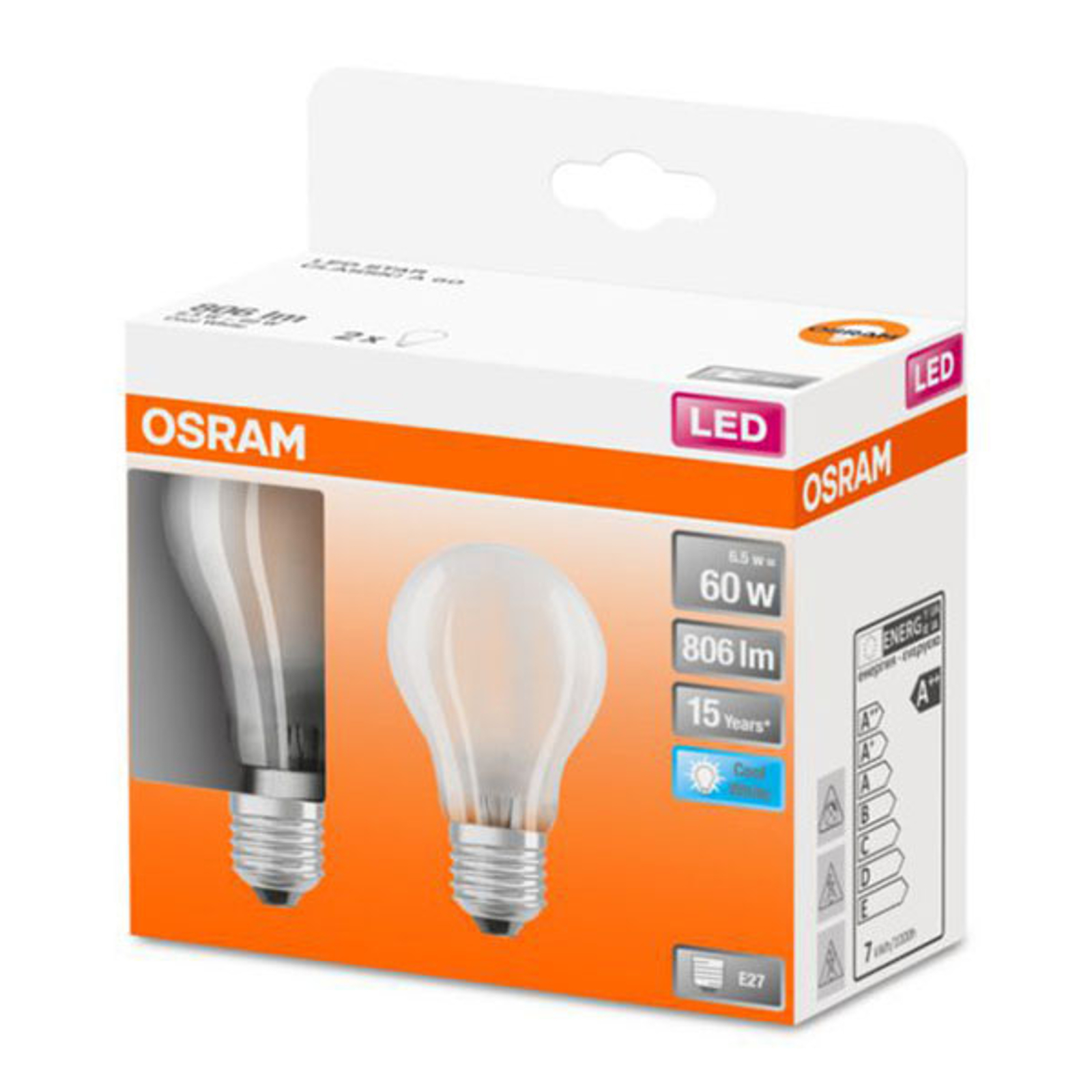 OSRAM Classic A -LED-lamppu E27 7W 4 000 K 2 kpl