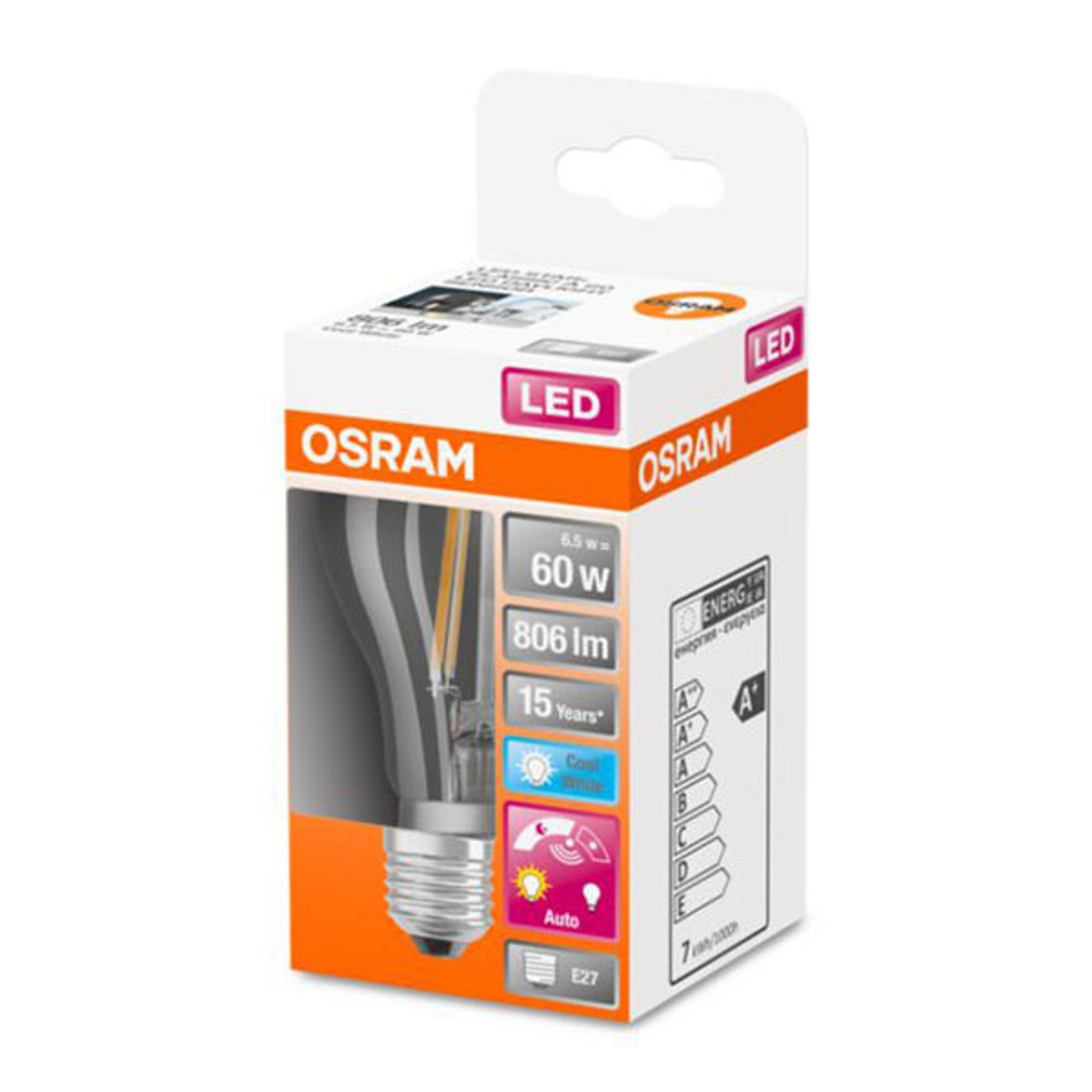 OSRAM-LED-lamppu E27 6,5W 840, päivänvaloanturi