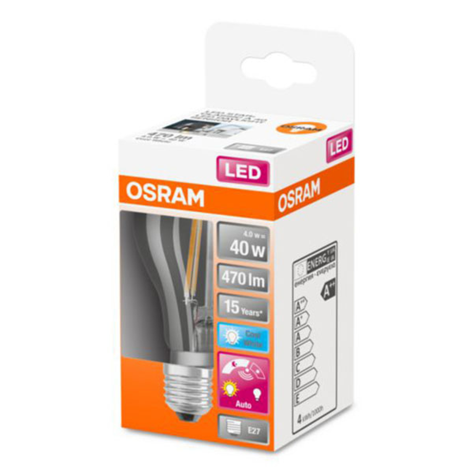 OSRAM-LED-lamppu E27 4W 840, päivänvaloanturi