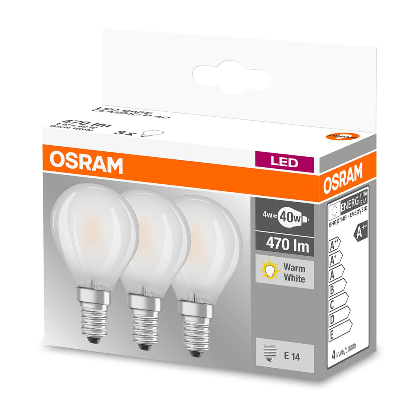 LED-lamppu E14 4W, lämmin valkoinen, 470 lm, 3 kpl