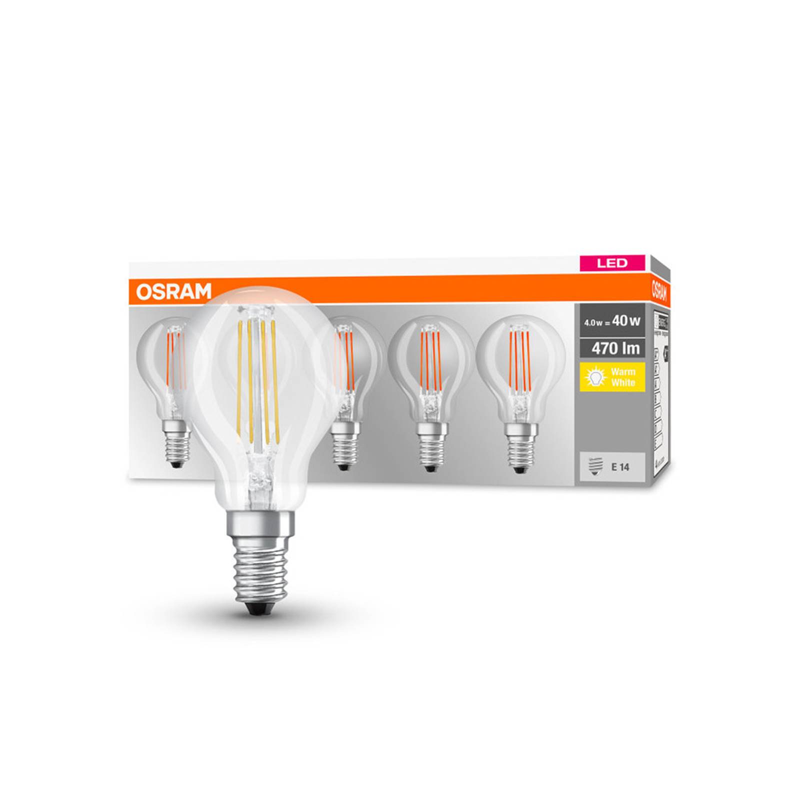 OSRAM-LED-lamppu E14 P40 4W Filament 827 470lm, 5