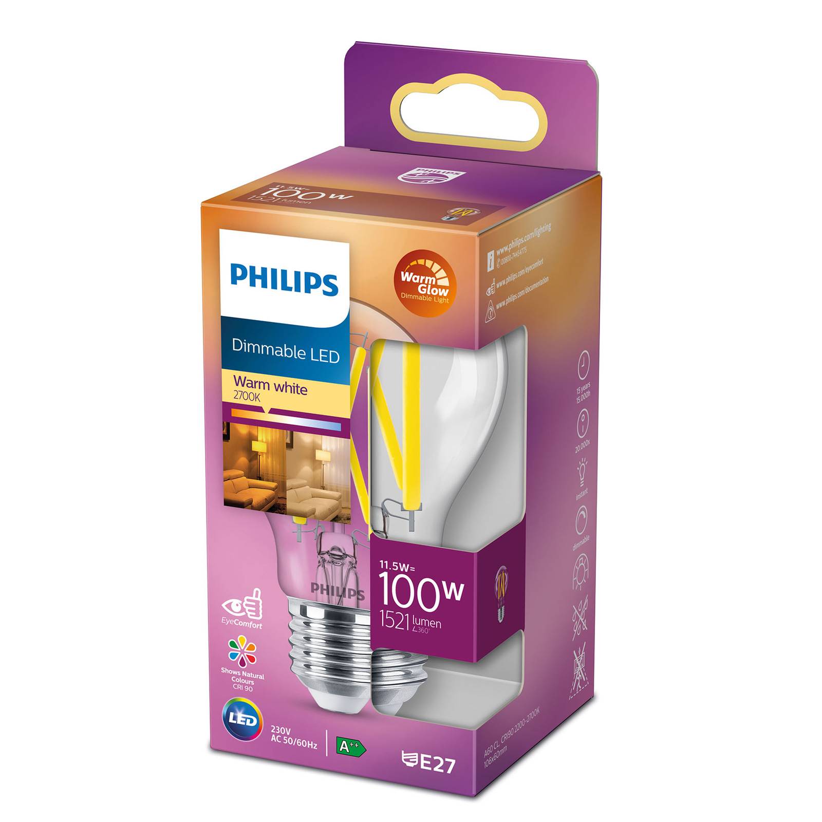 Philips LED Classic WarmGlow E27 A60 11,5W kirkas