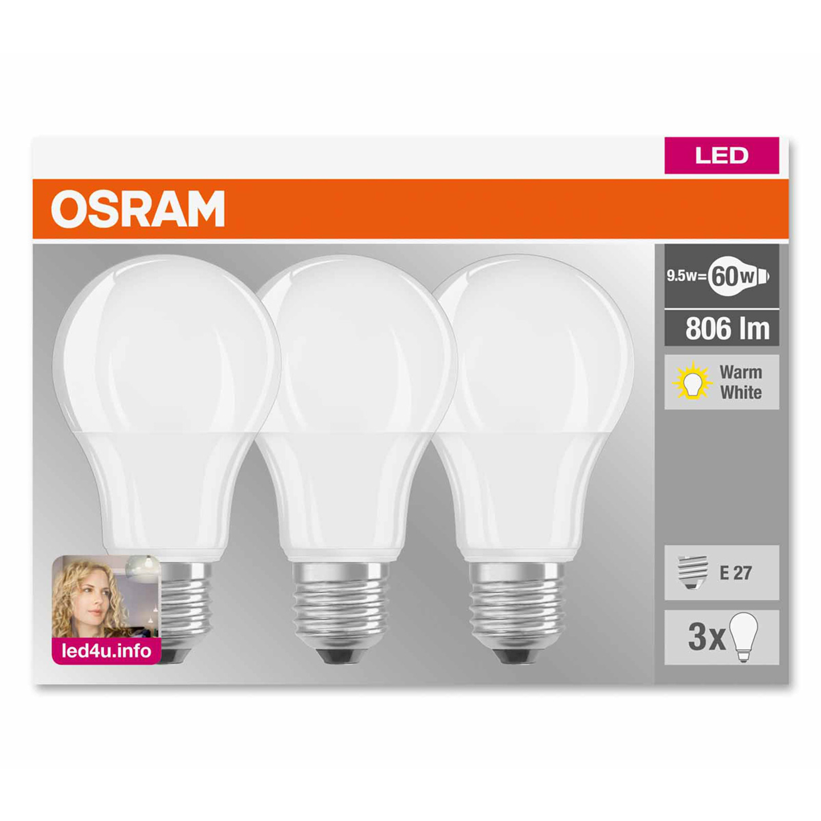 E27 9W 827 LED-lamppu matta, 3 kpl:n setti