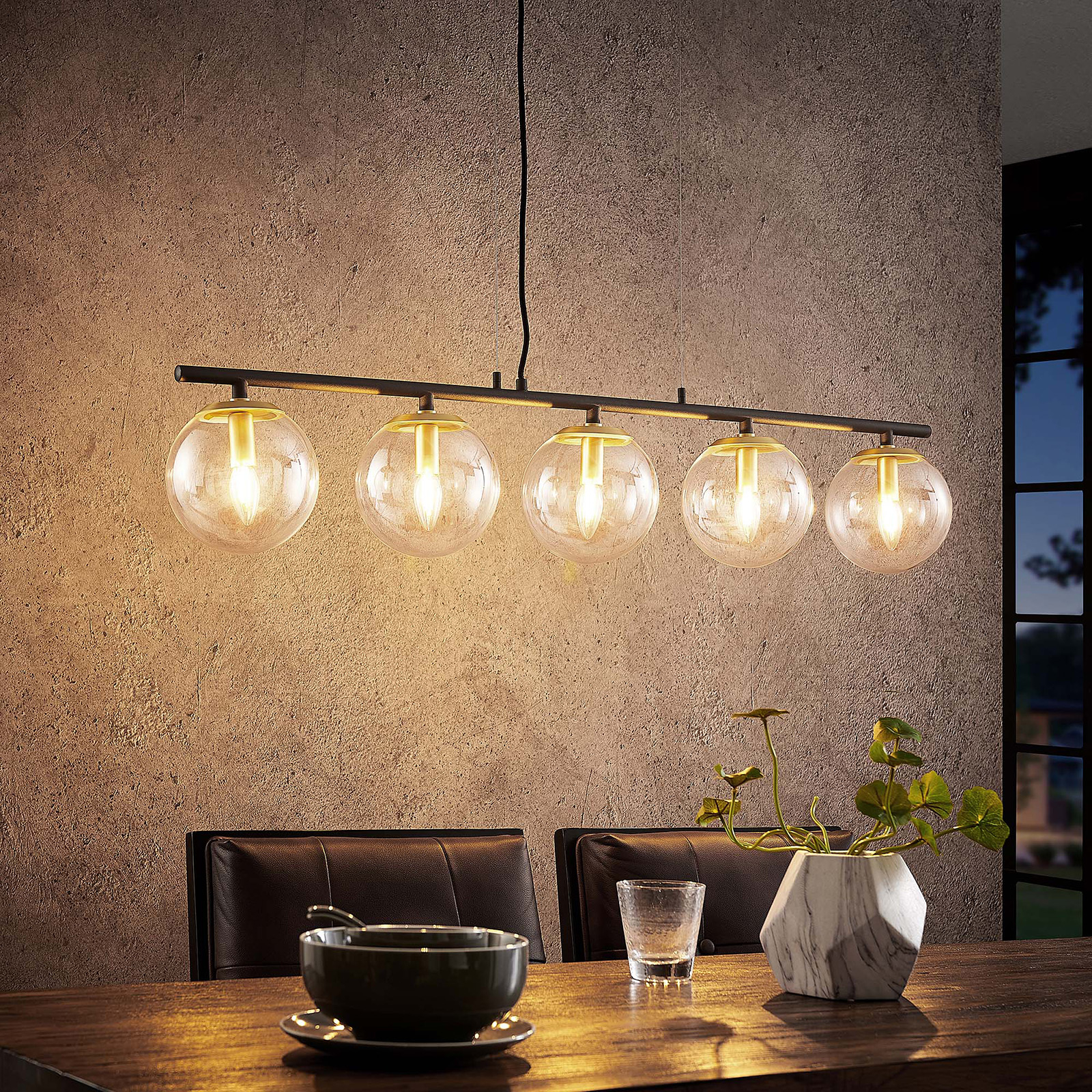 Lucande Sotiana -riippuvalo lasikuulilla, 5-lamp.