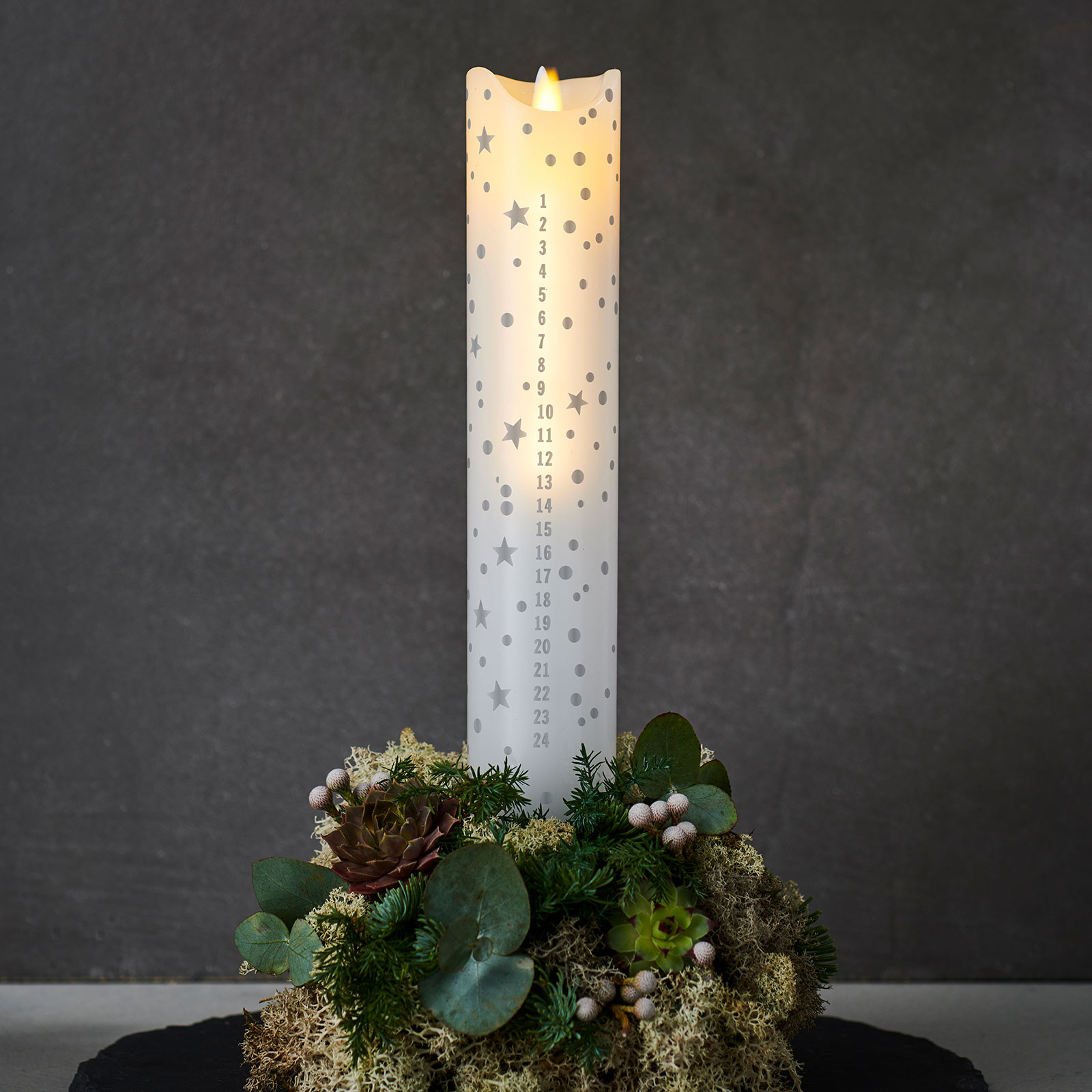 LED-kynttilä Sara Calendar,valk./romant.,kork.29cm